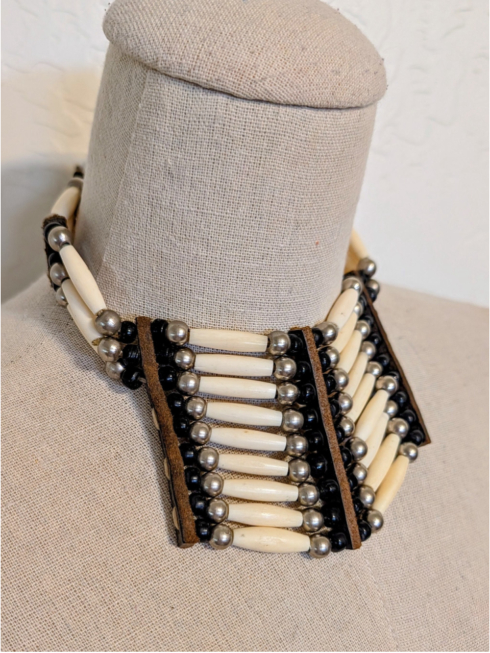3 Row Natural Bone Hairpipe Choker Leather Tie Southwestern Boho Unisex
